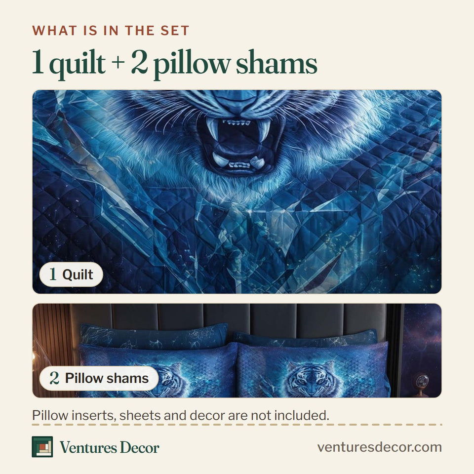 What is in the set: one quilt and two pillow shams, shown in the Majestic Tiger Glowing Blue Roar design