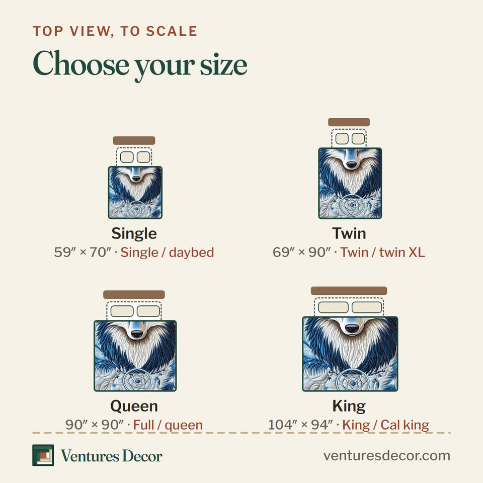 Size guide for the Majestic Wolf Amber Eyes Ice Blue quilt, top view to scale: Single 59 x 70 in, Twin 69 x 90 in, Queen 90 x 90 in, King 104 x 94 in