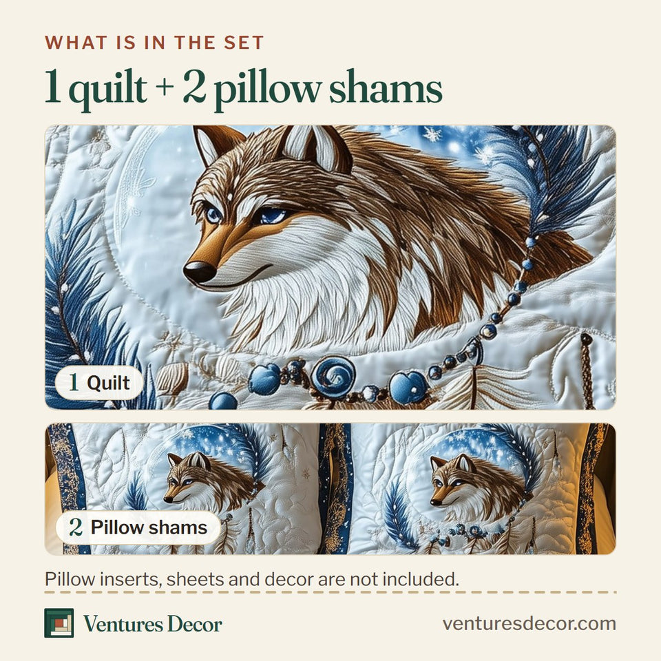 What is in the set: one quilt and two pillow shams, shown in the Majestic Wolf White Feather Circle design