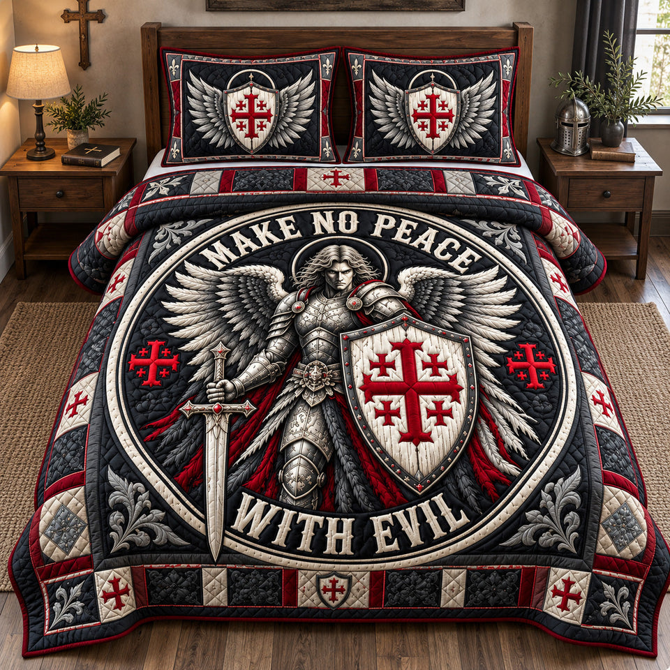 Make No Peace With Evil Chivalry quilted bedding set, quilt and two pillow shams on a made bed