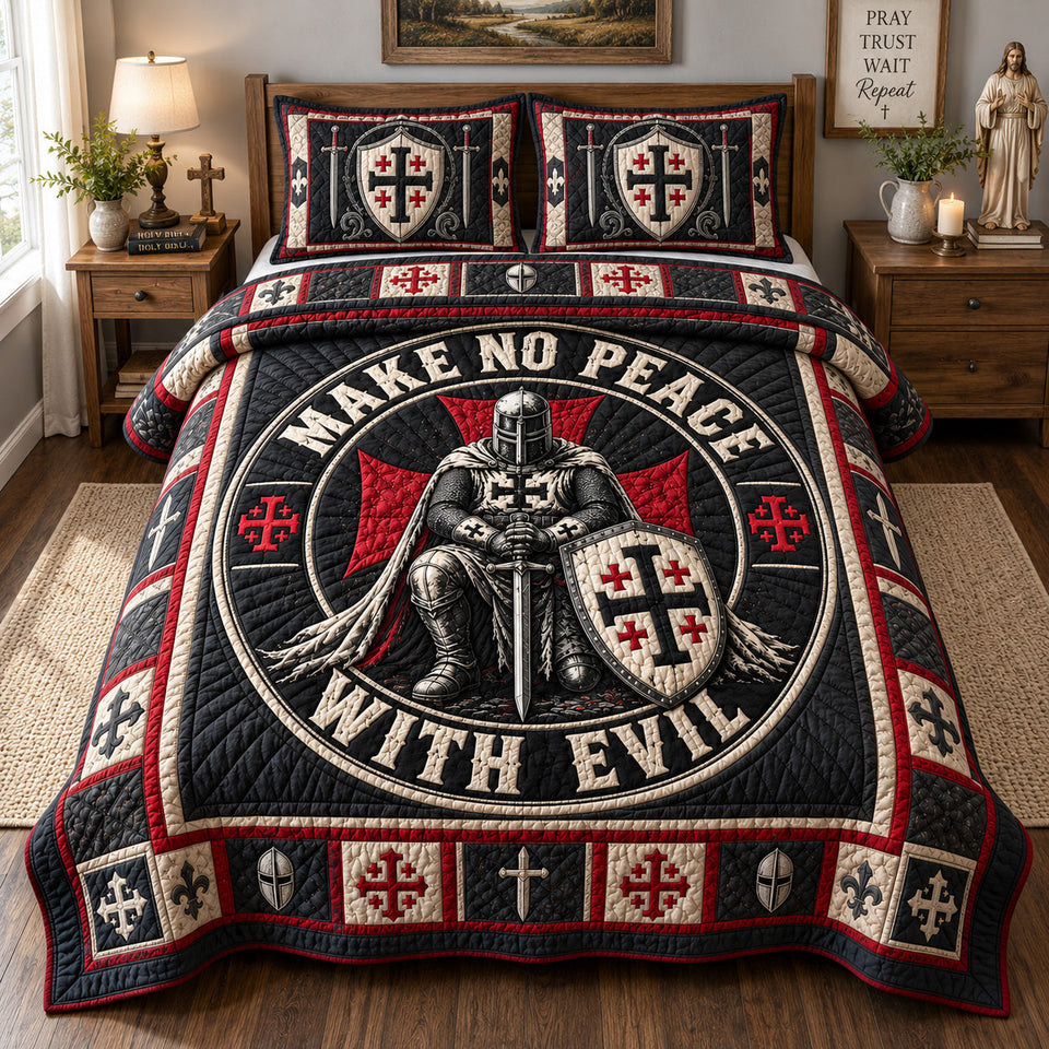 Make No Peace With Evil quilted bedding set, quilt and two pillow shams on a made bed