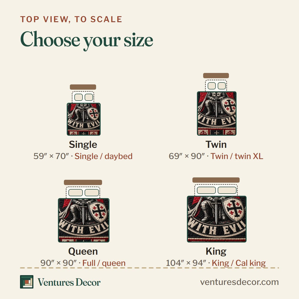 Size guide for the Make No Peace With Evil quilt, top view to scale: Single 59 x 70 in, Twin 69 x 90 in, Queen 90 x 90 in, King 104 x 94 in