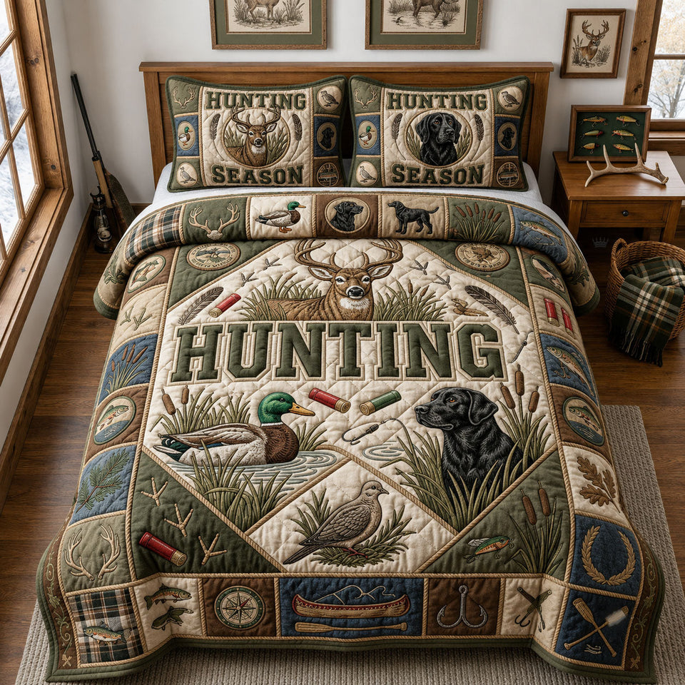 Mallard Camp Patch quilted bedding set, quilt and two pillow shams on a made bed