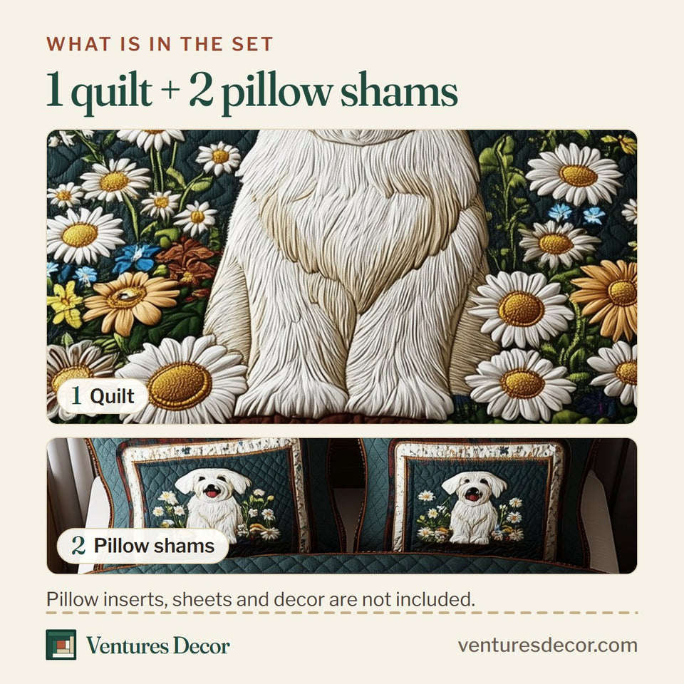 What is in the set: one quilt and two pillow shams, shown in the Maltese Daisy Meadow design