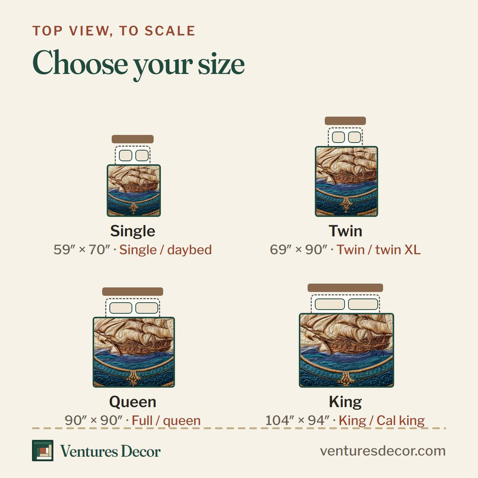 Size guide for the Map Explorer quilt, top view to scale: Single 59 x 70 in, Twin 69 x 90 in, Queen 90 x 90 in, King 104 x 94 in