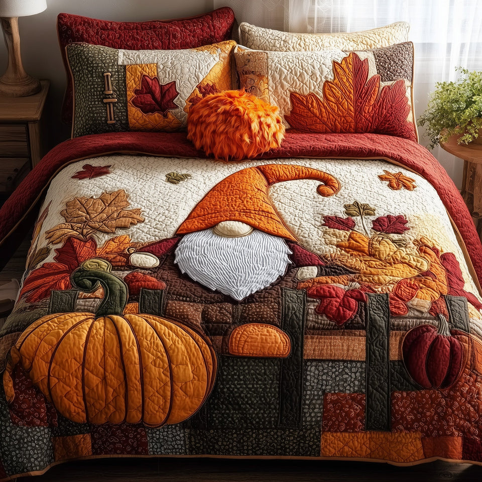 Maple Gnome Harvest quilted bedding set, quilt and two pillow shams on a made bed