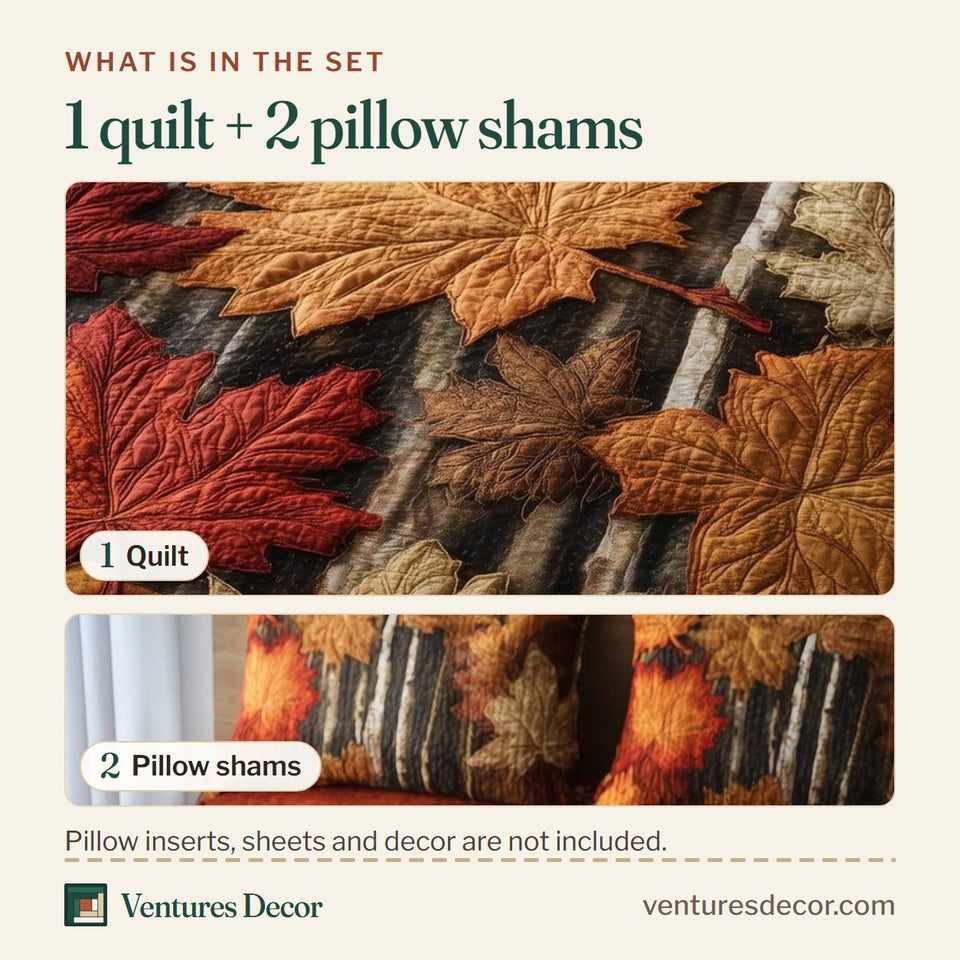What is in the set: one quilt and two pillow shams, shown in the Maple Leaf Cascade design