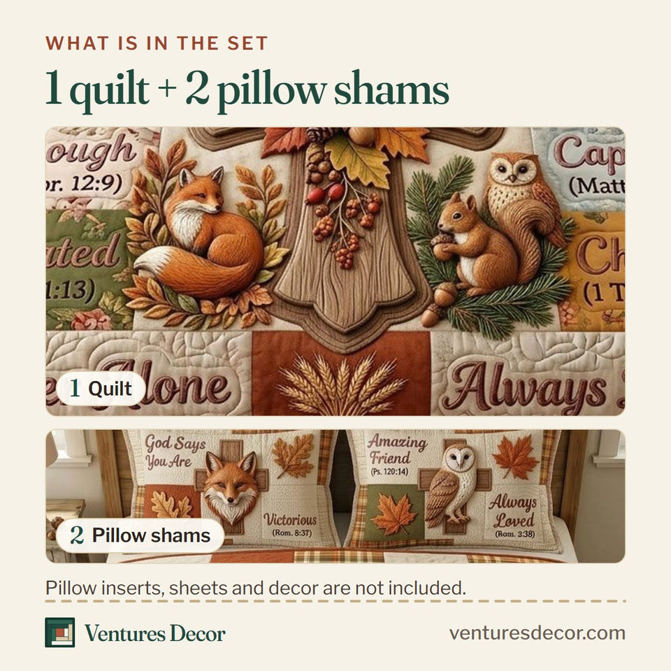 What is in the set: one quilt and two pillow shams, shown in the Maple Leaf Verse Patch design