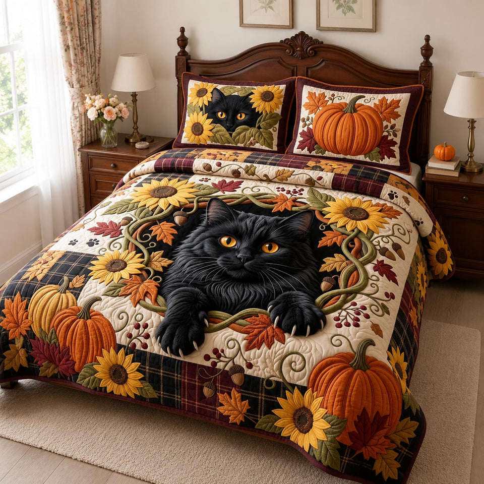 Maple Whiskers quilted bedding set, quilt and two pillow shams on a made bed