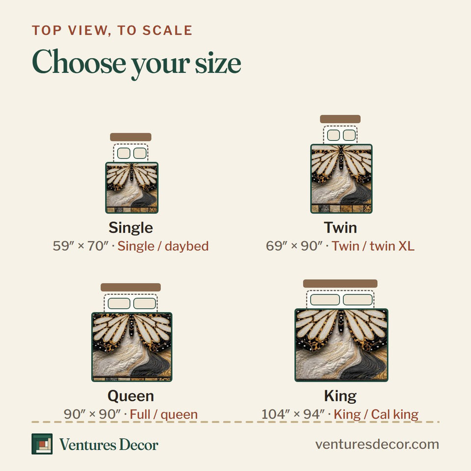 Size guide for the Marble Monarch Elegance quilt, top view to scale: Single 59 x 70 in, Twin 69 x 90 in, Queen 90 x 90 in, King 104 x 94 in