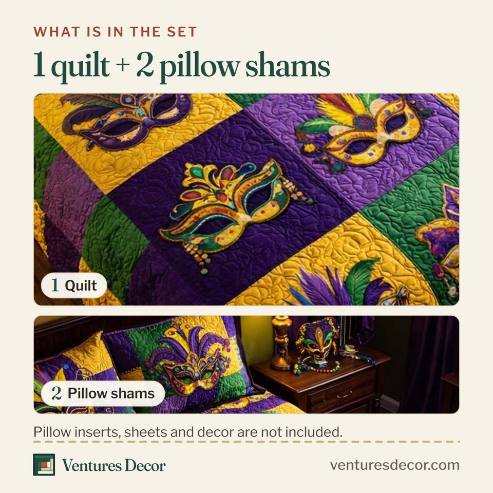 What is in the set: one quilt and two pillow shams, shown in the Mardi Gras Mask Parade design