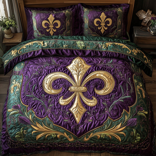 Mardi Gras Royal Emblem quilted bedding set, quilt and two pillow shams on a made bed