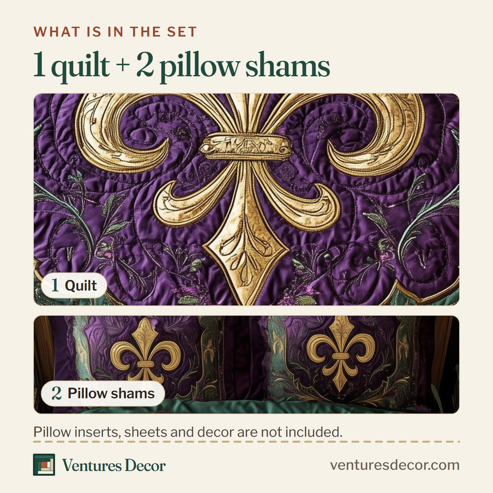 What is in the set: one quilt and two pillow shams, shown in the Mardi Gras Royal Emblem design