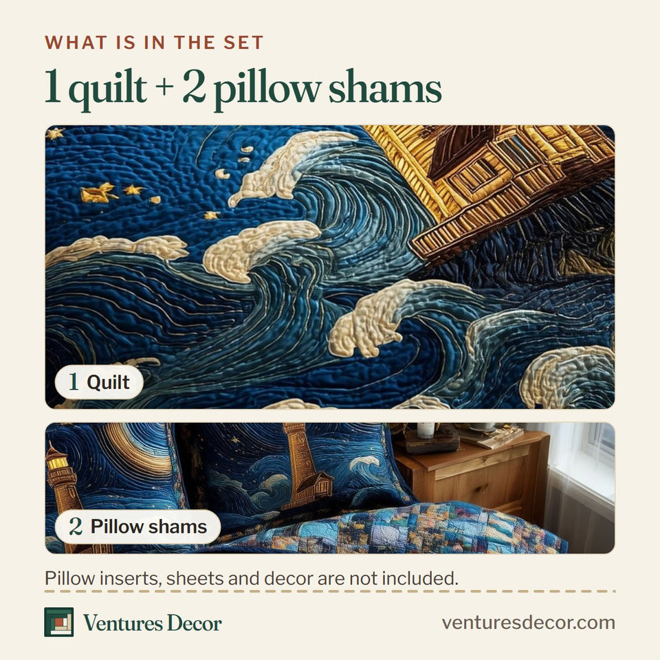 What is in the set: one quilt and two pillow shams, shown in the Mariner Spire Blue Wave Swells design