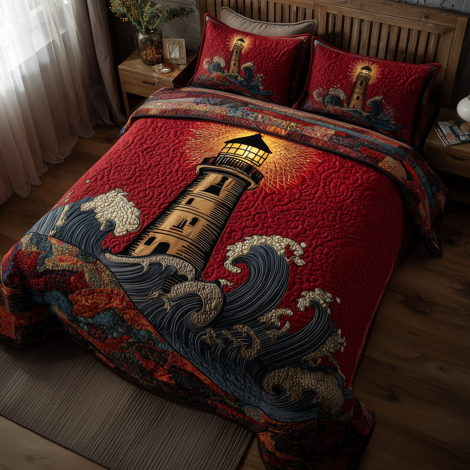 Mariner Spire Crimson Crashing Waves quilted bedding set, quilt and two pillow shams on a made bed