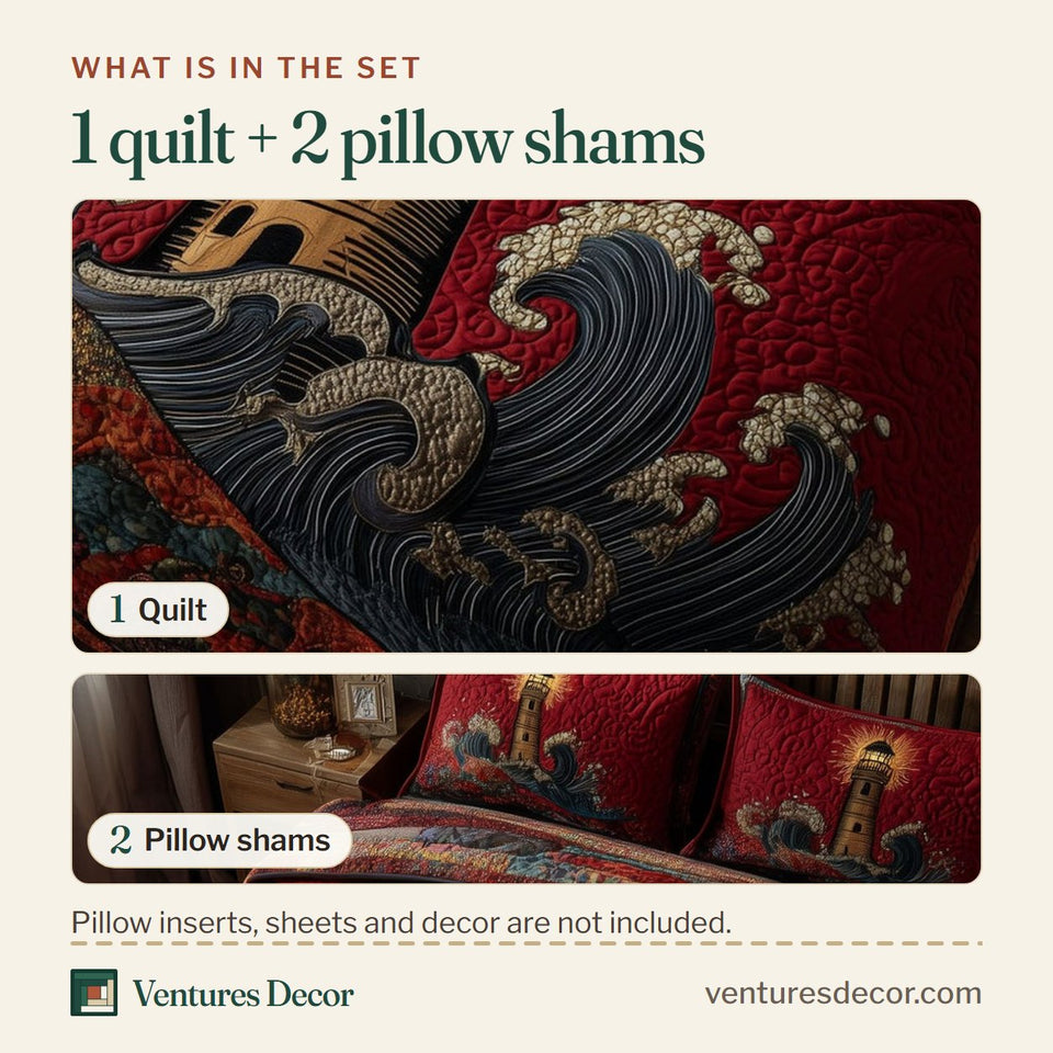 What is in the set: one quilt and two pillow shams, shown in the Mariner Spire Crimson Crashing Waves design