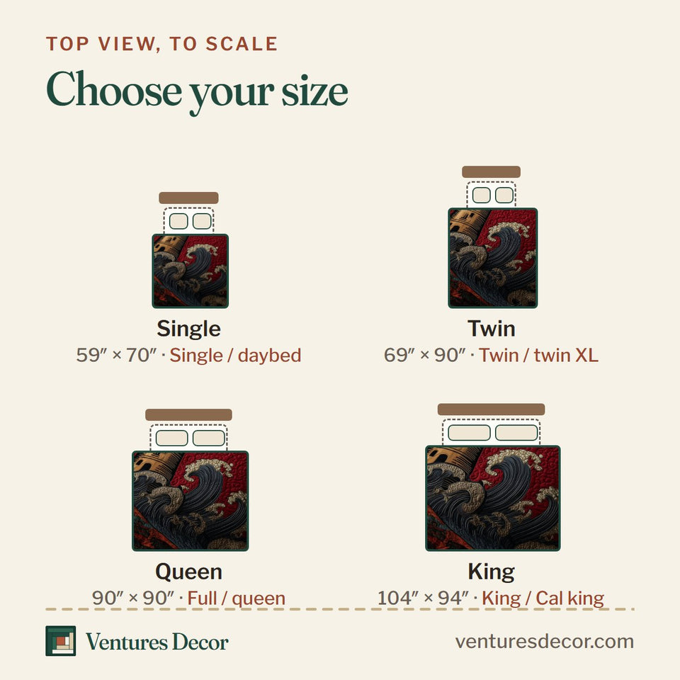 Size guide for the Mariner Spire Crimson Crashing Waves quilt, top view to scale: Single 59 x 70 in, Twin 69 x 90 in, Queen 90 x 90 in, King 104 x 94 in