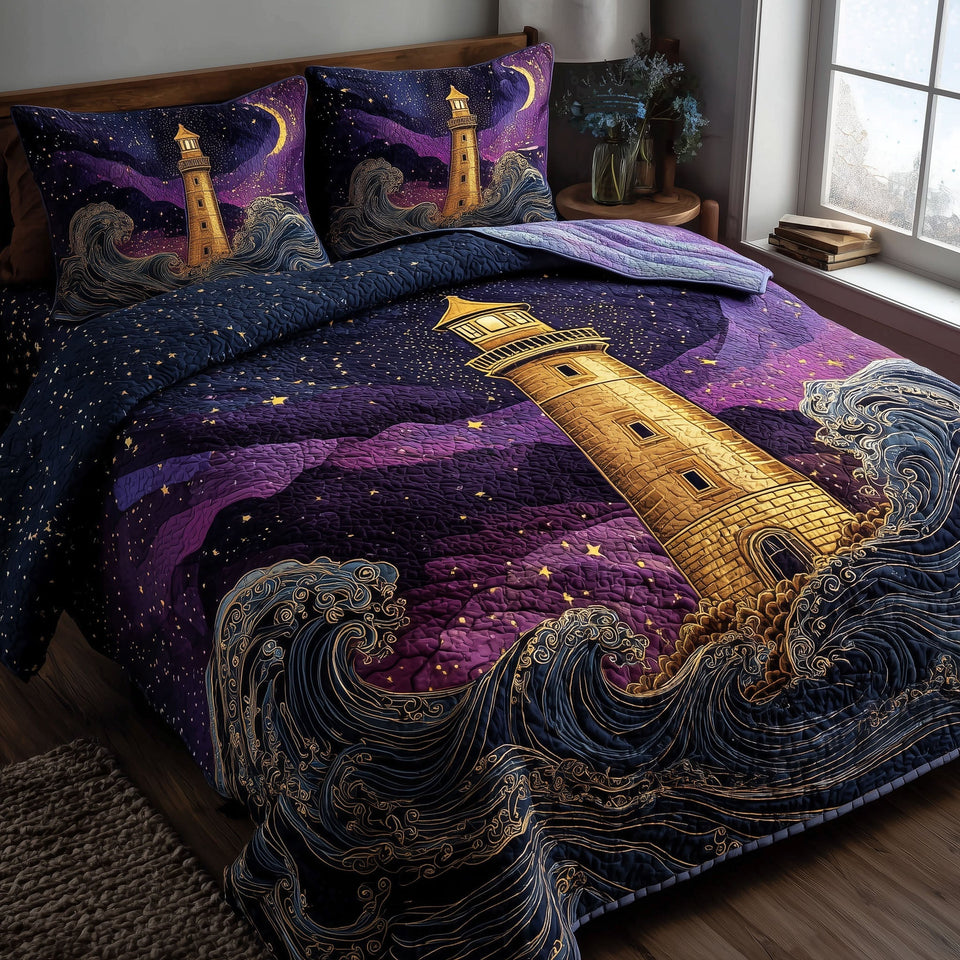 Mariner Spire Purple Starry Night quilted bedding set, quilt and two pillow shams on a made bed