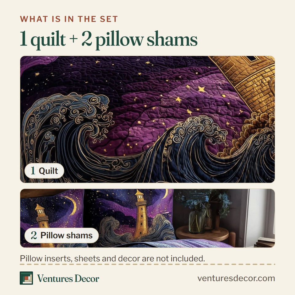 What is in the set: one quilt and two pillow shams, shown in the Mariner Spire Purple Starry Night design