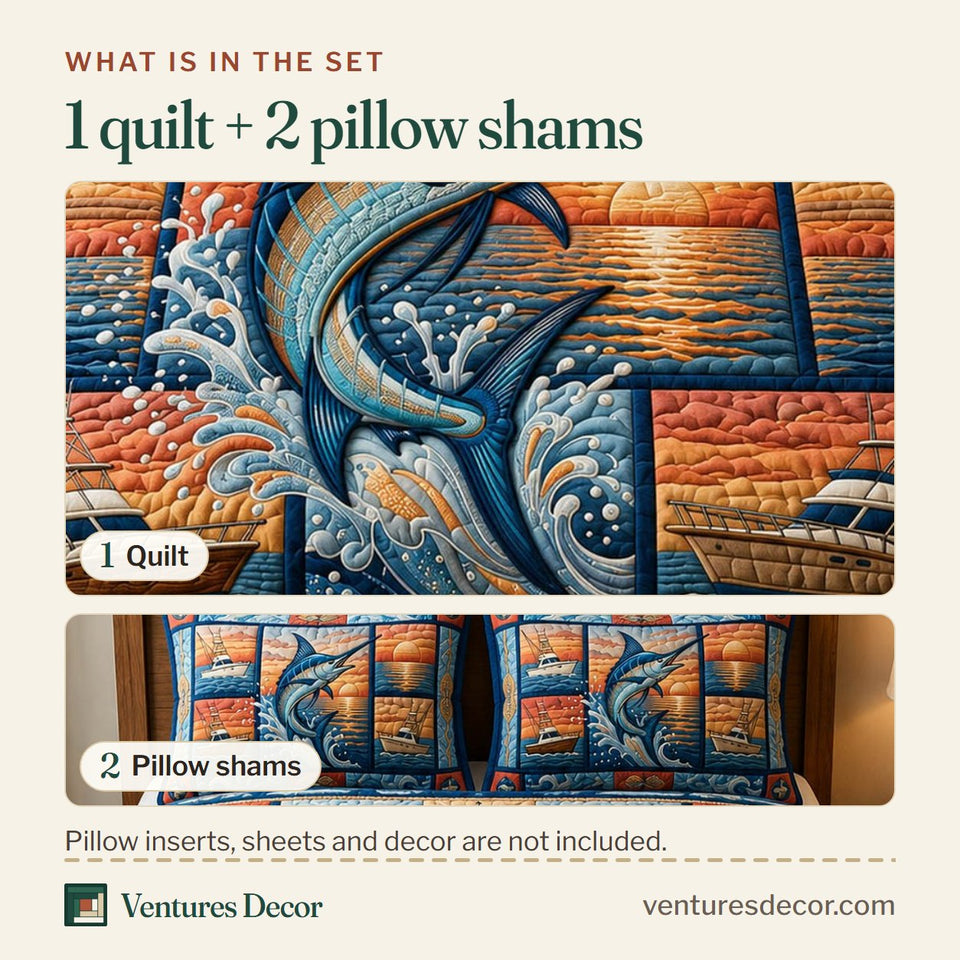 What is in the set: one quilt and two pillow shams, shown in the Marlin Leap Seaside Tiles design
