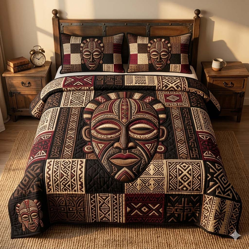 Mask Heritage quilted bedding set, quilt and two pillow shams on a made bed