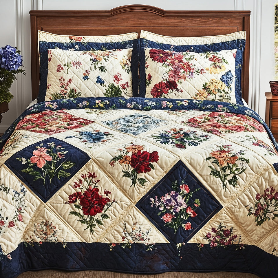 Meadow Blooms Patchwork quilted bedding set, quilt and two pillow shams on a made bed