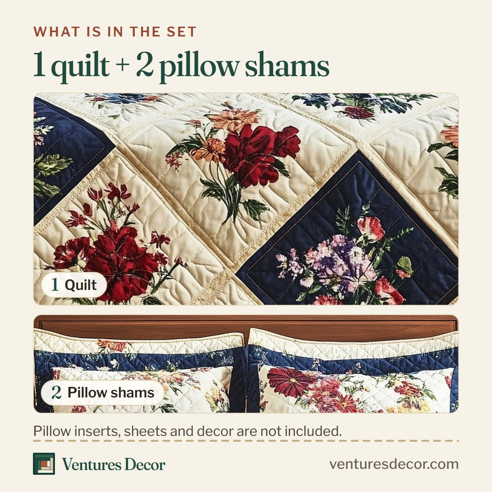 What is in the set: one quilt and two pillow shams, shown in the Meadow Blooms Patchwork design