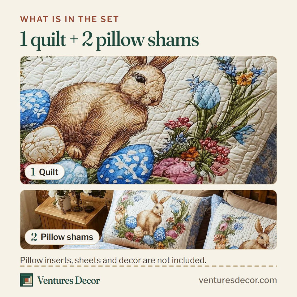 What is in the set: one quilt and two pillow shams, shown in the Meadow Bunny Egg Wreath design