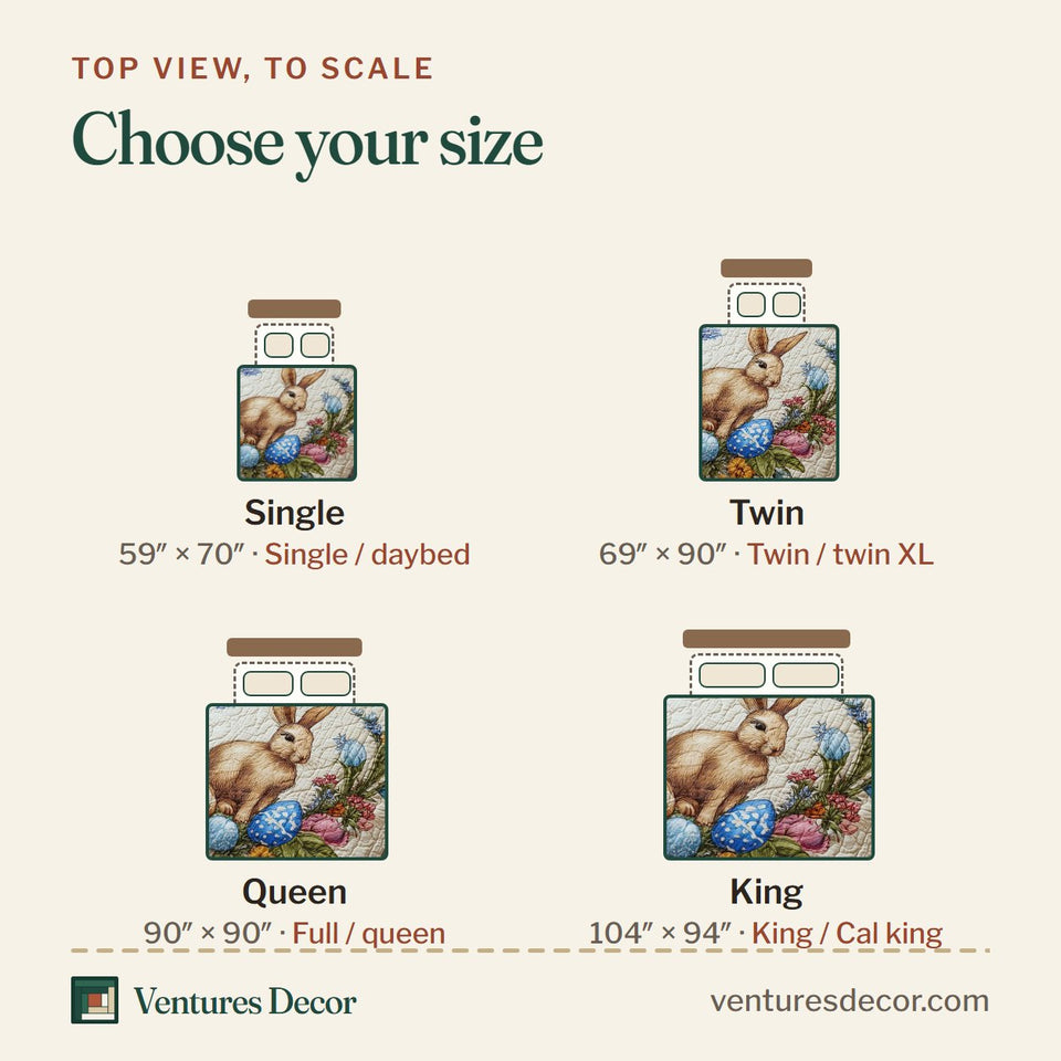 Size guide for the Meadow Bunny Egg Wreath quilt, top view to scale: Single 59 x 70 in, Twin 69 x 90 in, Queen 90 x 90 in, King 104 x 94 in