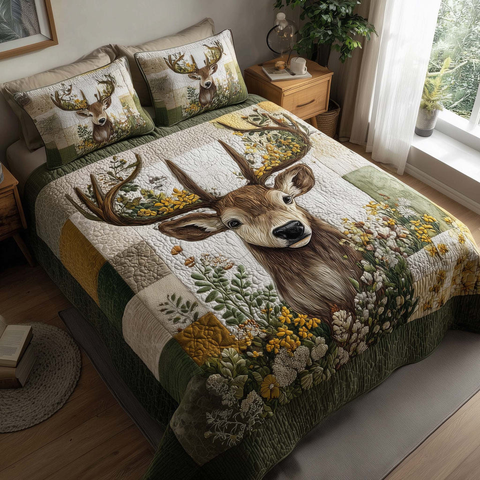 Meadow Stag Blossoms quilted bedding set, quilt and two pillow shams on a made bed