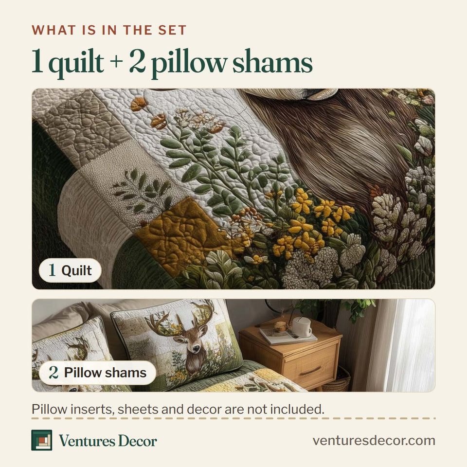 What is in the set: one quilt and two pillow shams, shown in the Meadow Stag Blossoms design