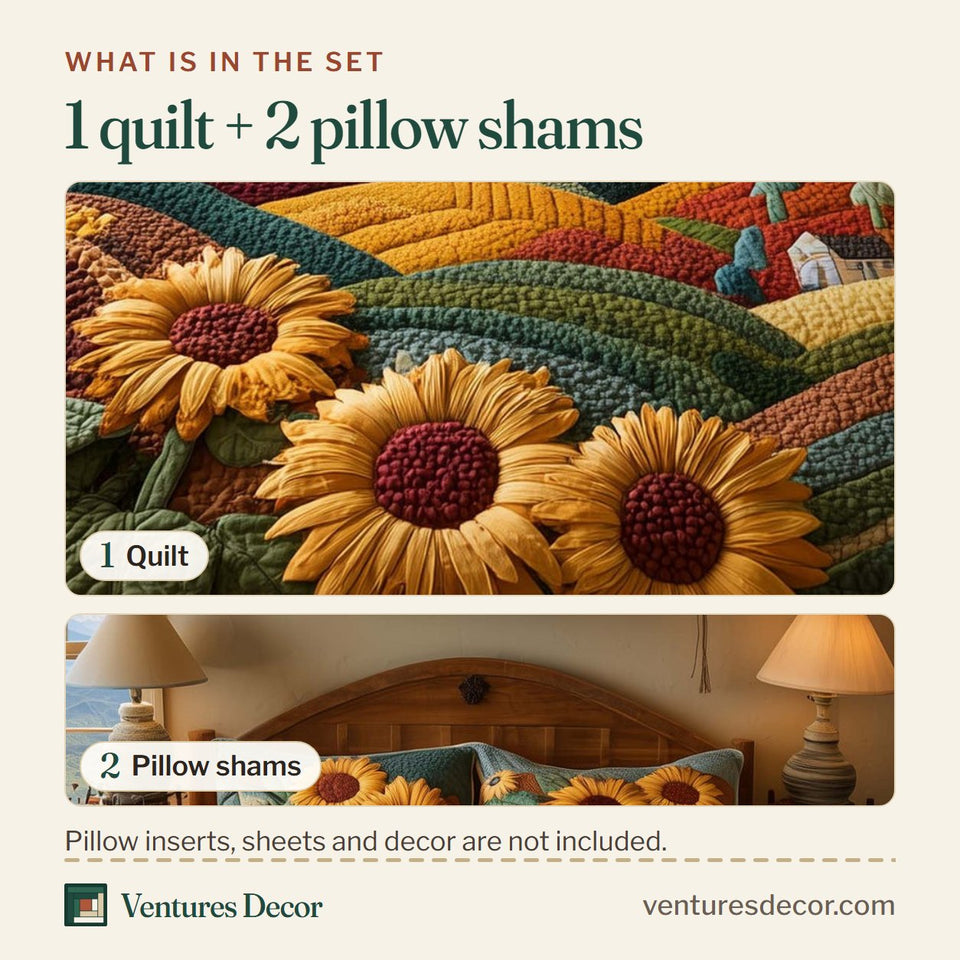What is in the set: one quilt and two pillow shams, shown in the Meadow Sunflowers design
