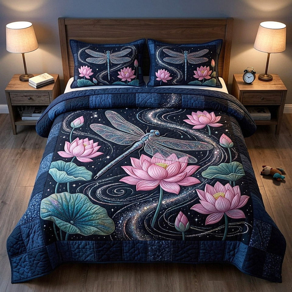 Meadow Wings Lotus on a Starry Night quilted bedding set, quilt and two pillow shams on a made bed