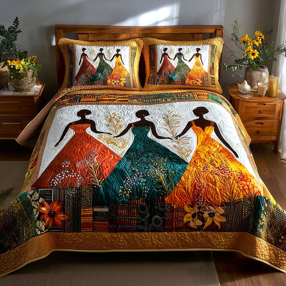 Melanin Bloom quilted bedding set, quilt and two pillow shams on a made bed