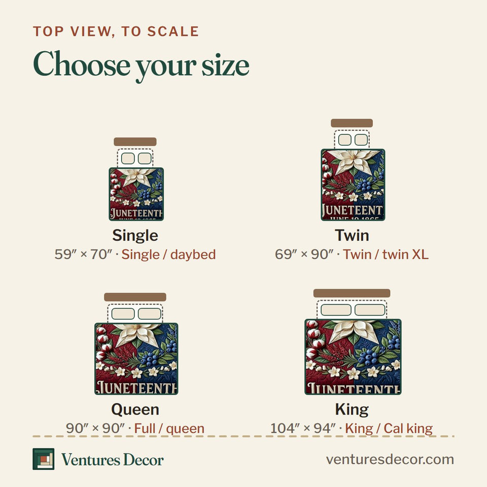 Size guide for the Melanin Legacy Blossoms on Red and Blue quilt, top view to scale: Single 59 x 70 in, Twin 69 x 90 in, Queen 90 x 90 in, King 104 x 94 in