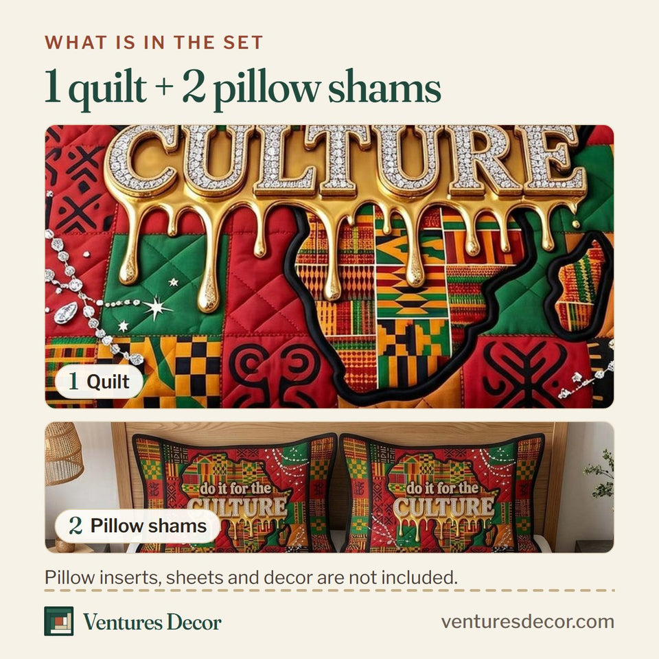 What is in the set: one quilt and two pillow shams, shown in the Melanin Legacy Culture Slogan on Red Kente design