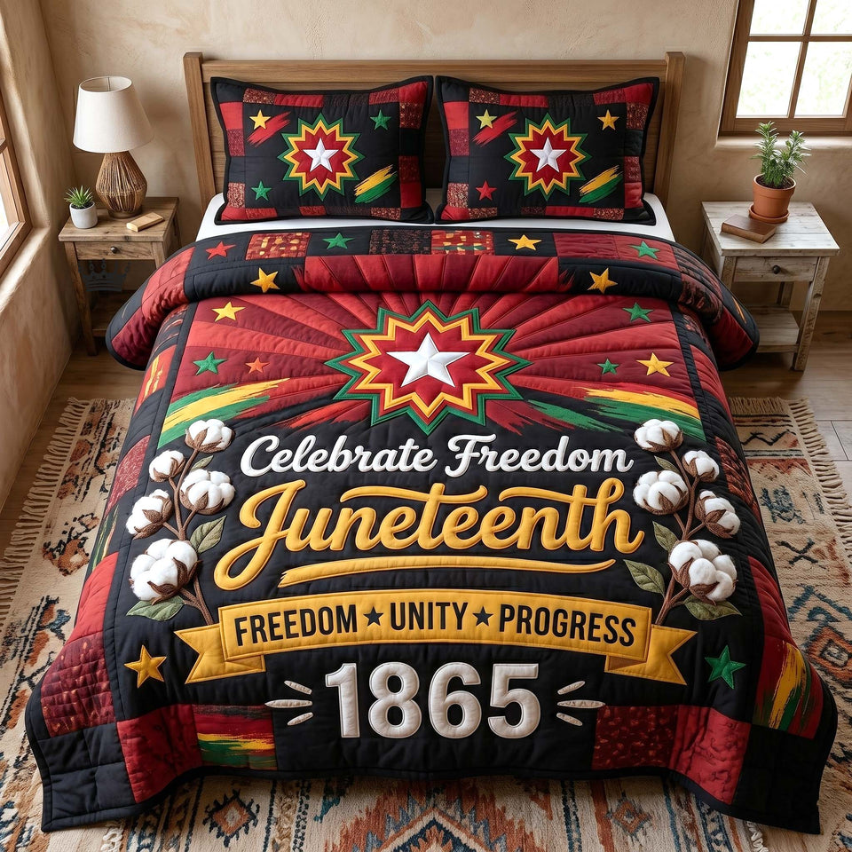 Melanin Legacy Starburst and Cotton Bolls quilted bedding set, quilt and two pillow shams on a made bed