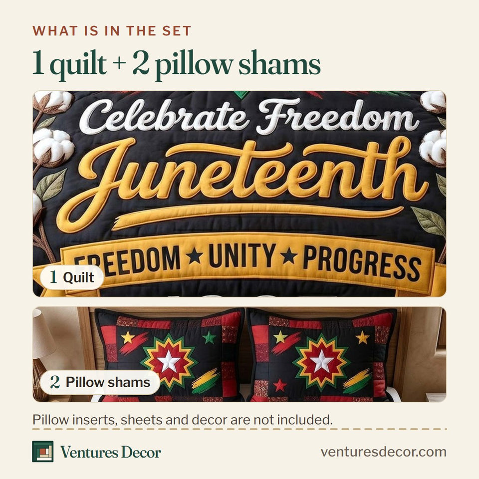 What is in the set: one quilt and two pillow shams, shown in the Melanin Legacy Starburst and Cotton Bolls design
