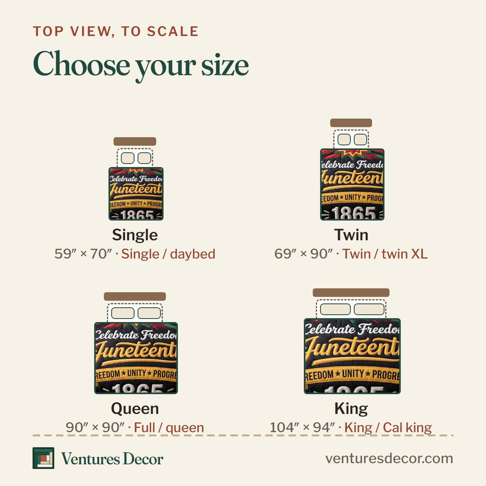 Size guide for the Melanin Legacy Starburst and Cotton Bolls quilt, top view to scale: Single 59 x 70 in, Twin 69 x 90 in, Queen 90 x 90 in, King 104 x 94 in