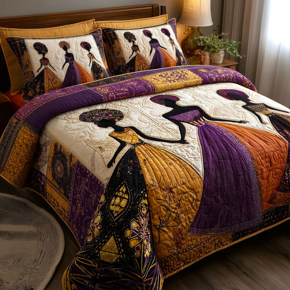 Melanin Queen Purple Patchwork Strollers quilted bedding set, quilt and two pillow shams on a made bed