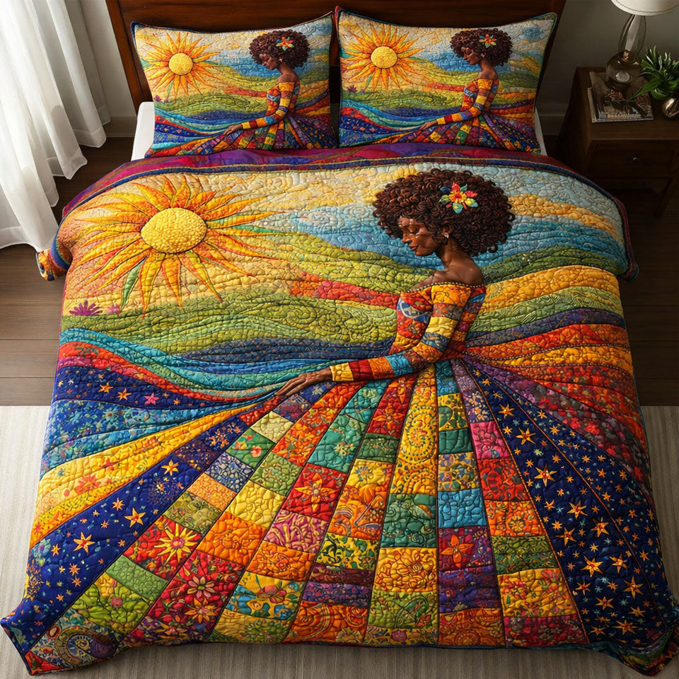 Melanin Queen Sunrise Rainbow Fields quilted bedding set, quilt and two pillow shams on a made bed