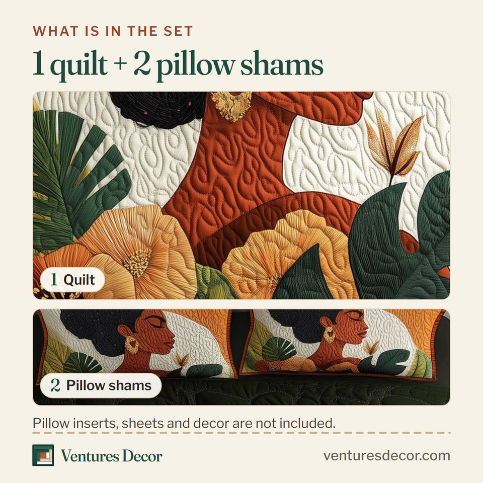 What is in the set: one quilt and two pillow shams, shown in the Melanin Tropical Leaf Profile design