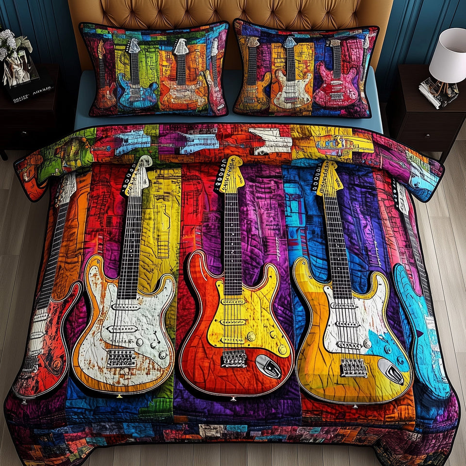 Melody Of Color Artistic Guitars quilted bedding set, quilt and two pillow shams on a made bed