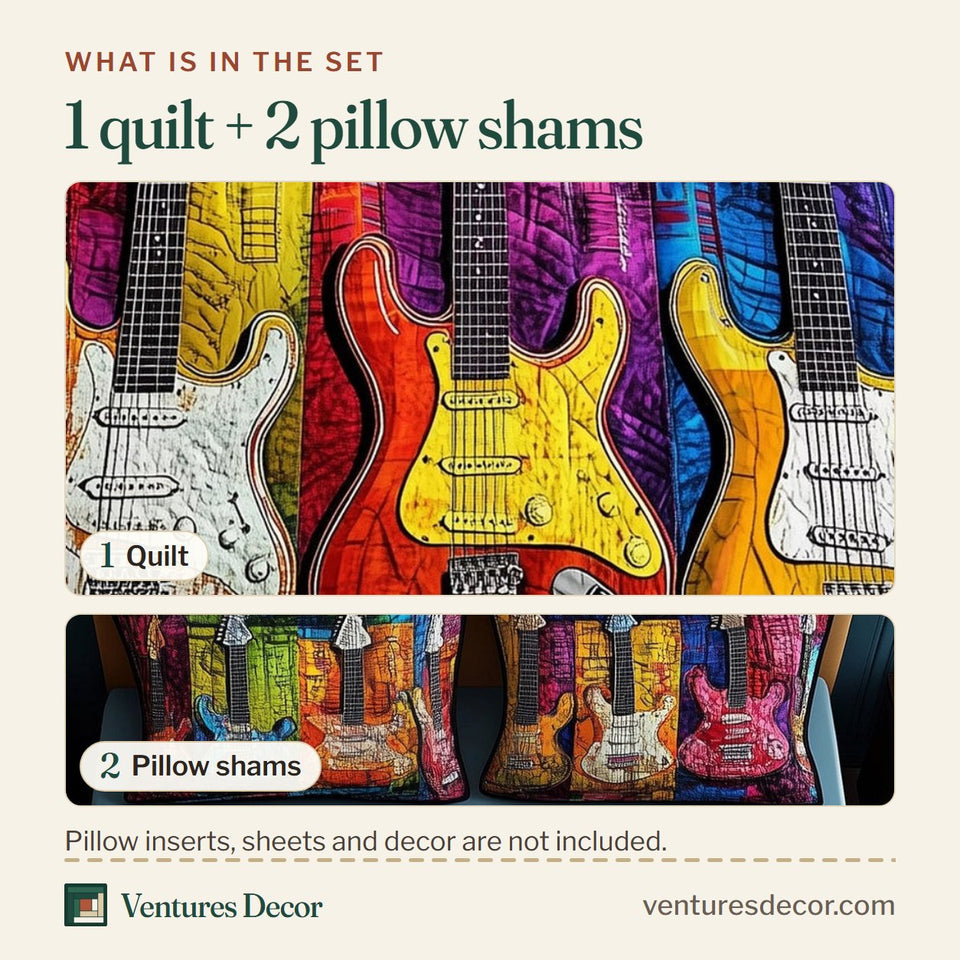 What is in the set: one quilt and two pillow shams, shown in the Melody Of Color Artistic Guitars design
