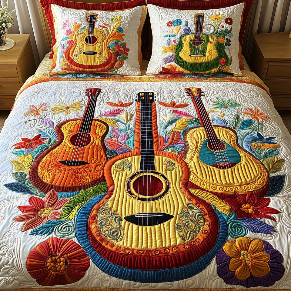 Melody Of Colors Guitar Acoustic Trio in Bloom quilted bedding set, quilt and two pillow shams on a made bed
