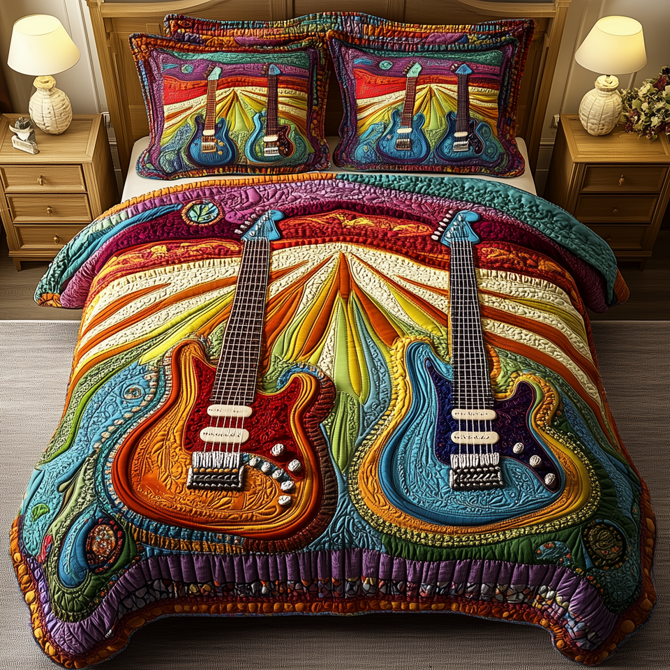Melody Of Colors Guitar Pair on Purple Swirls quilted bedding set, quilt and two pillow shams on a made bed