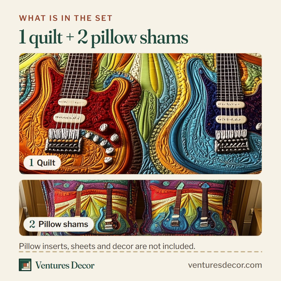 What is in the set: one quilt and two pillow shams, shown in the Melody Of Colors Guitar Pair on Purple Swirls design