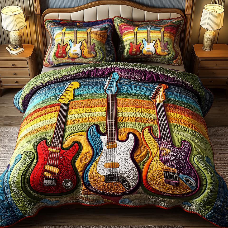 Melody Of Colors Guitar Rainbow Band Backdrop quilted bedding set, quilt and two pillow shams on a made bed