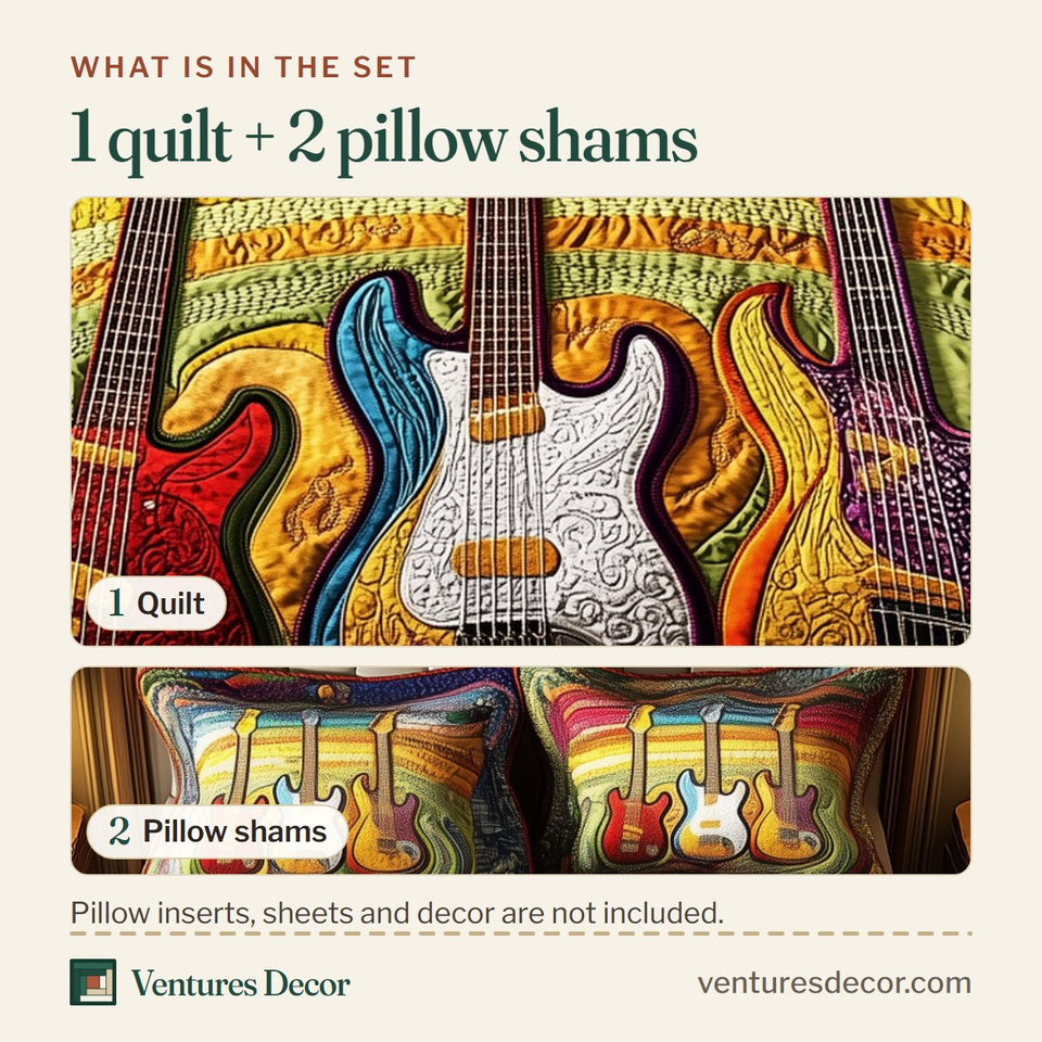 What is in the set: one quilt and two pillow shams, shown in the Melody Of Colors Guitar Rainbow Band Backdrop design