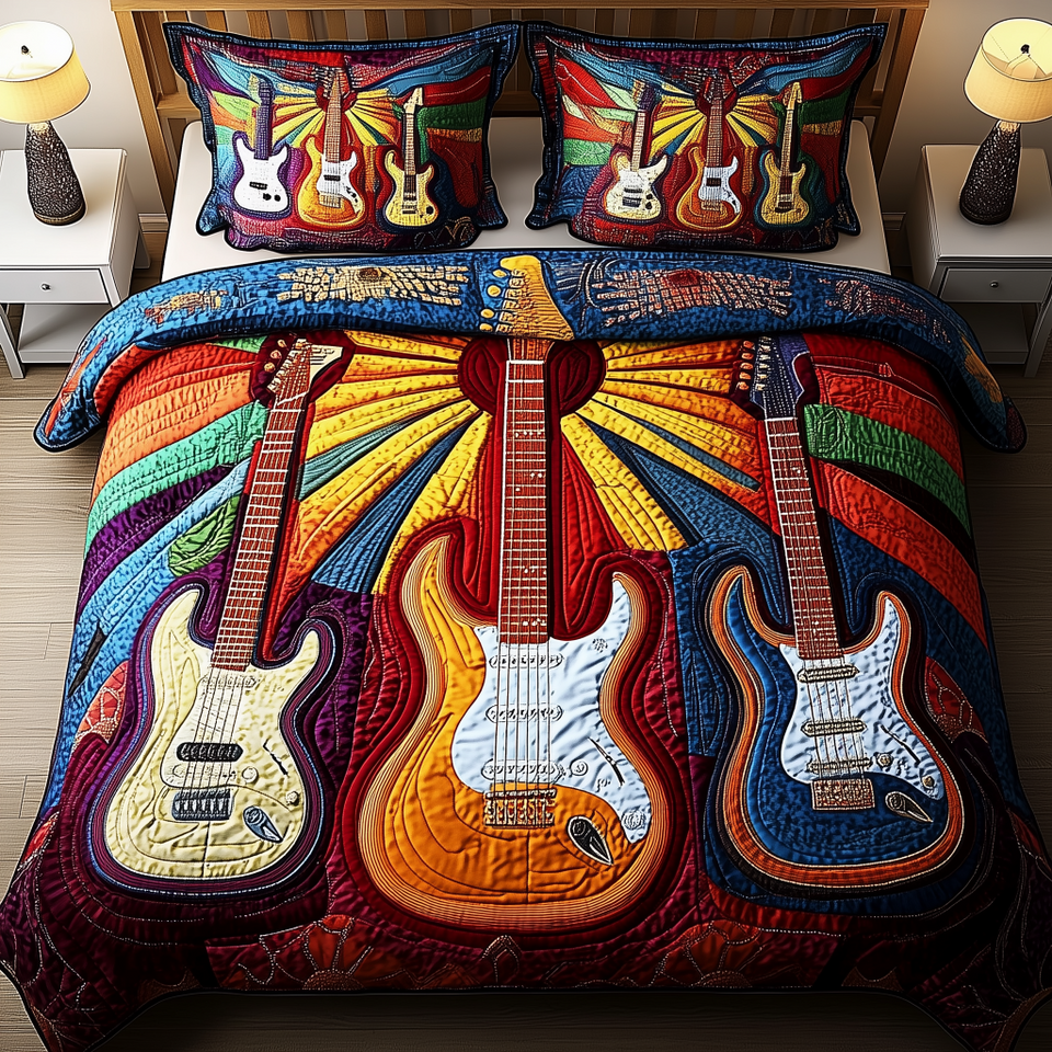 Melody Of Colors Guitar Ray Fan on Navy quilted bedding set, quilt and two pillow shams on a made bed